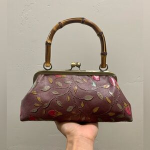 Handmade Genuine Leather Floral Embossed Real bamboo Handle Satchel/Crossbody